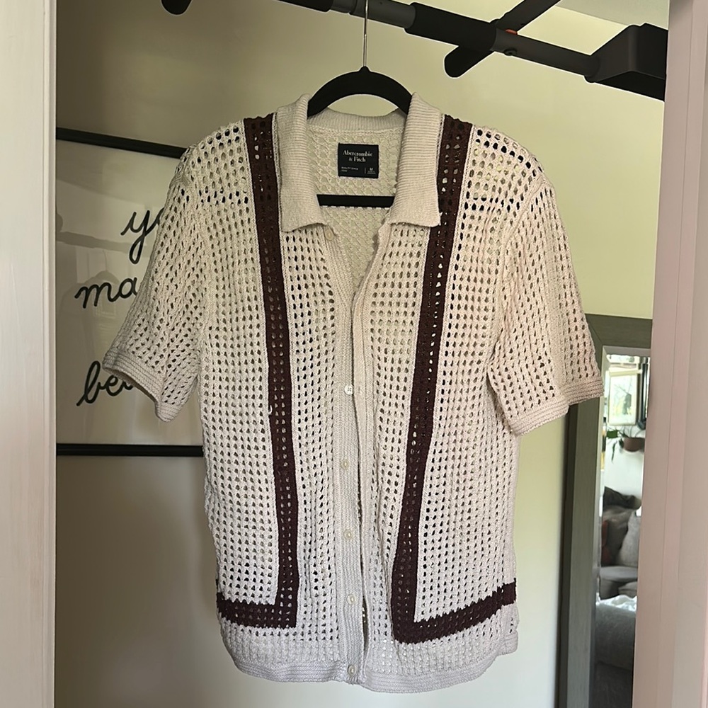Abercrombie & Fitch White and Brown Casual Button Down Shirt